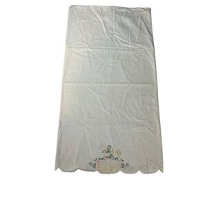 Vintage Needlepoint Embroidered White Pillow Case Scalloped Edge Floral Design